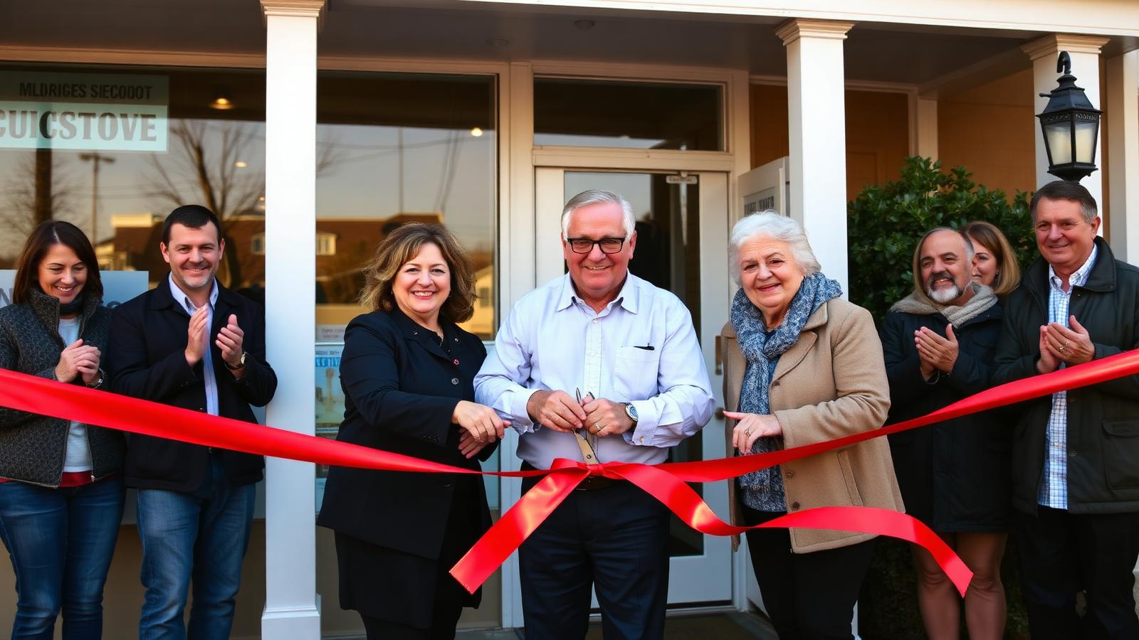 A Chamber ribbon cutting with the giant scissors and a crowd