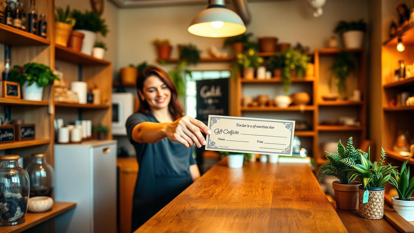 A local shopkeeper handing over a Chamber Bucks gift certificate
